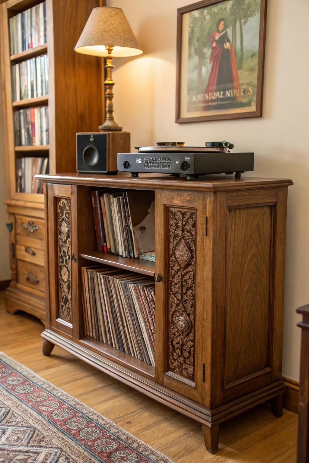 A vintage sideboard repurposed for distinctive vinyl record storage.