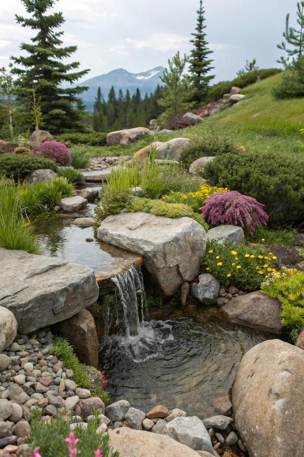 A calming water element nestled in a mountain setting.