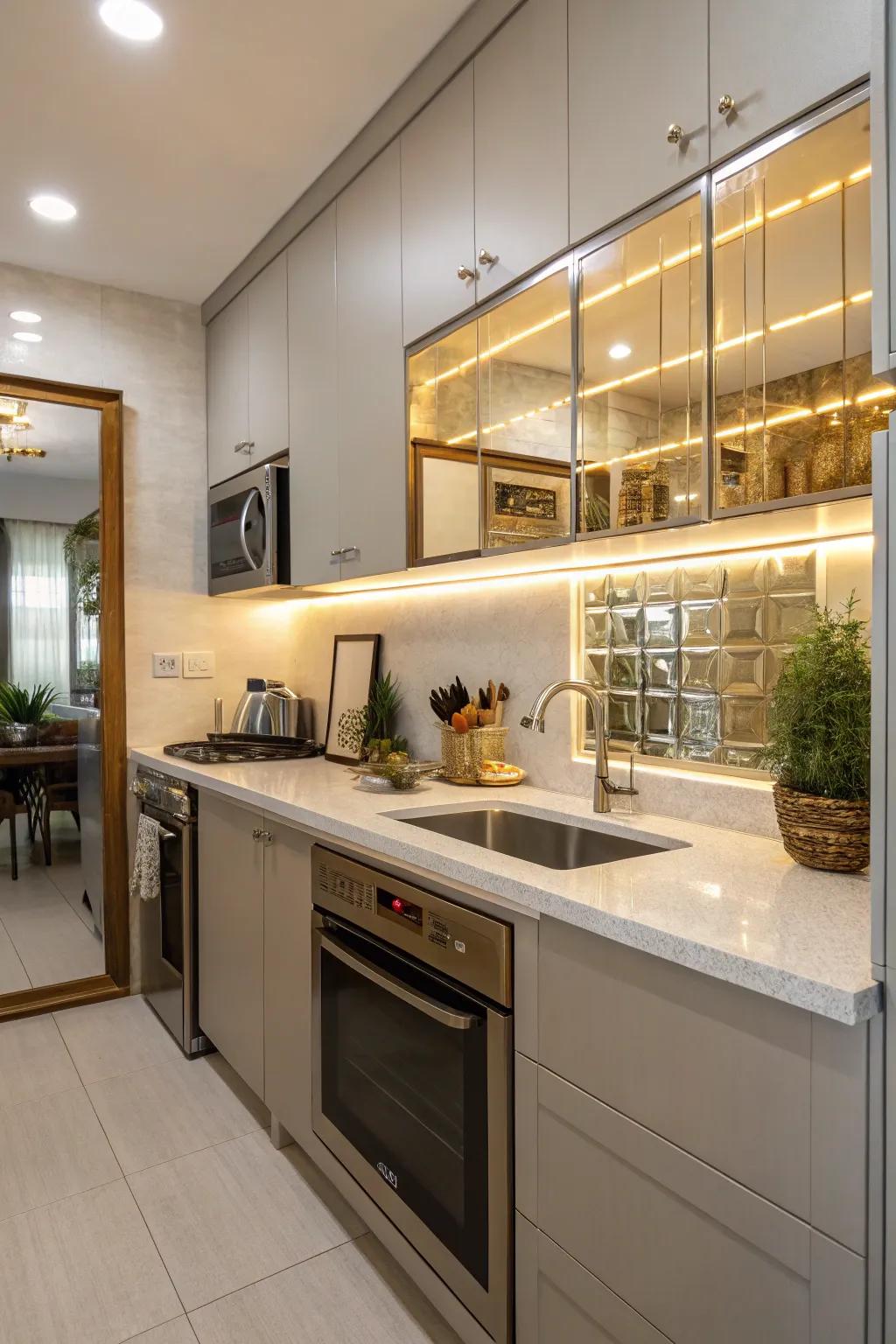 Mirrored backsplashes add depth and brightness to a compact cooking space.