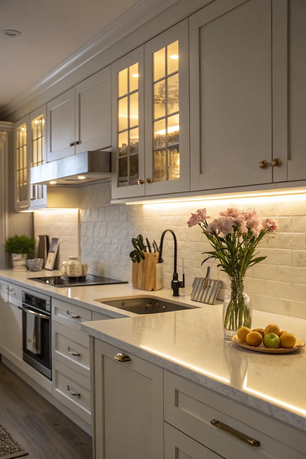 A kitchen featuring under-cabinet lighting for improved visibility.