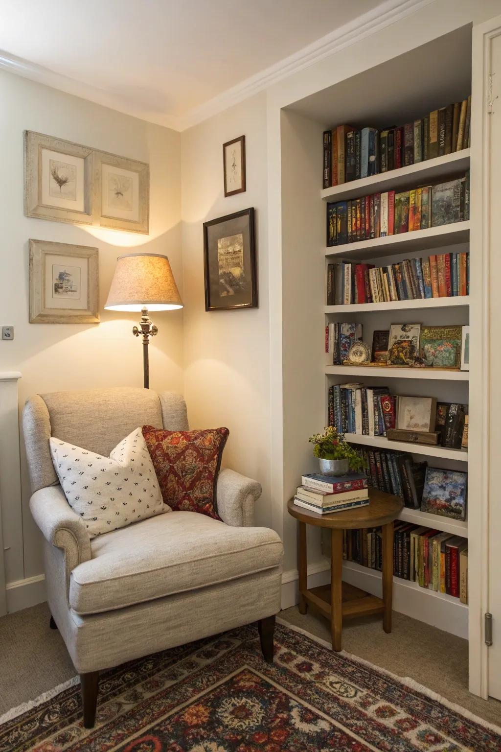 A cozy reading nook uses corner space in this small living room.