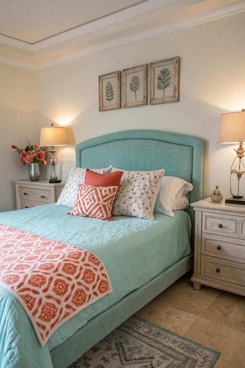 Sunset hue accents bring a lively contrast to the ocean room.