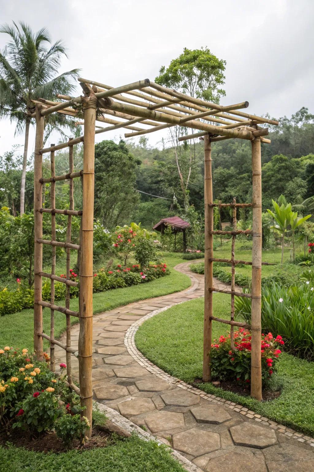 A bamboo arbor offers a sustainable and stylish garden feature.