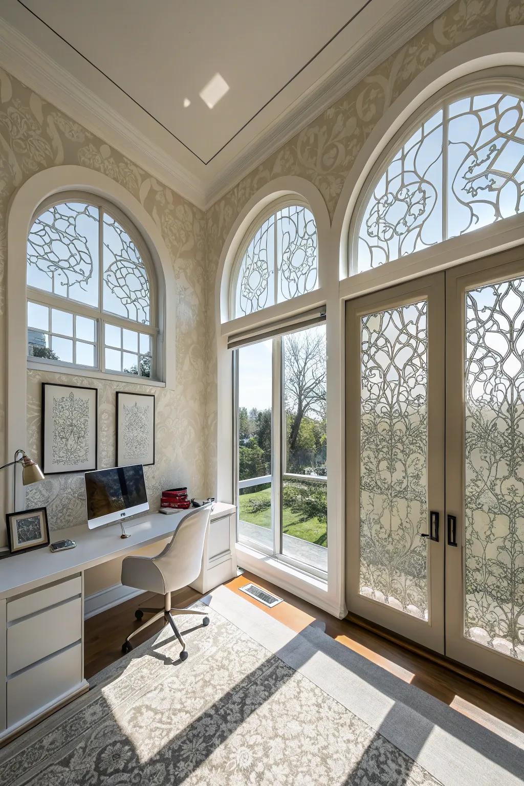 Contemporary home office featuring ornamental coating on arched windows.