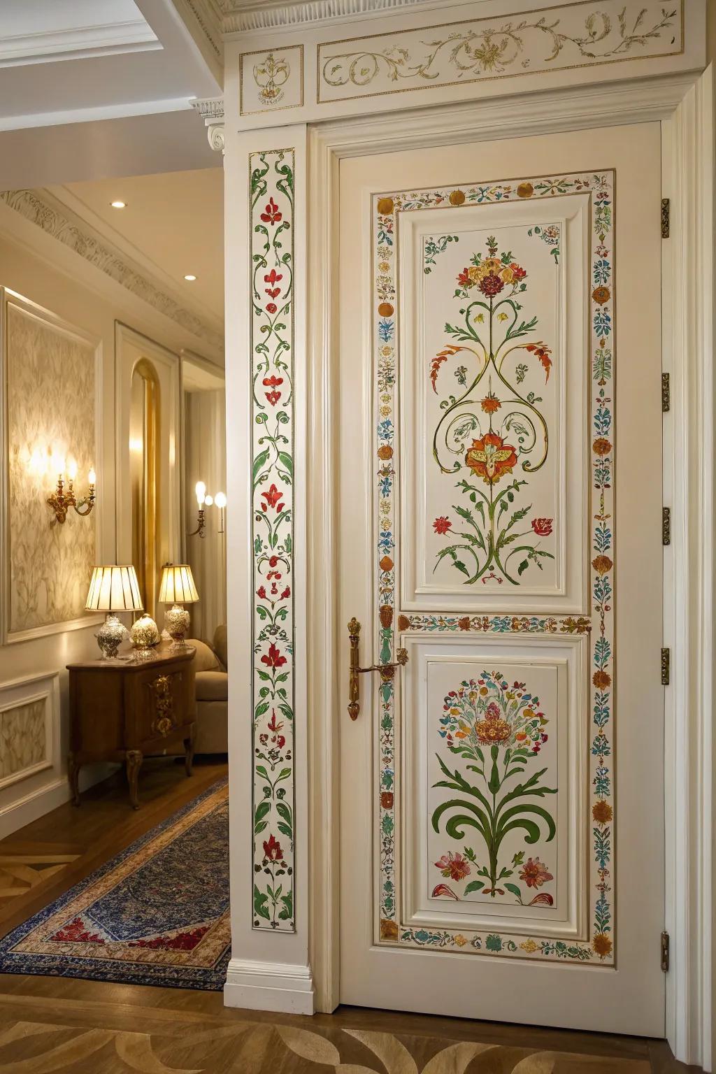 A door embellished with template designs, presenting a unique artistic flair.