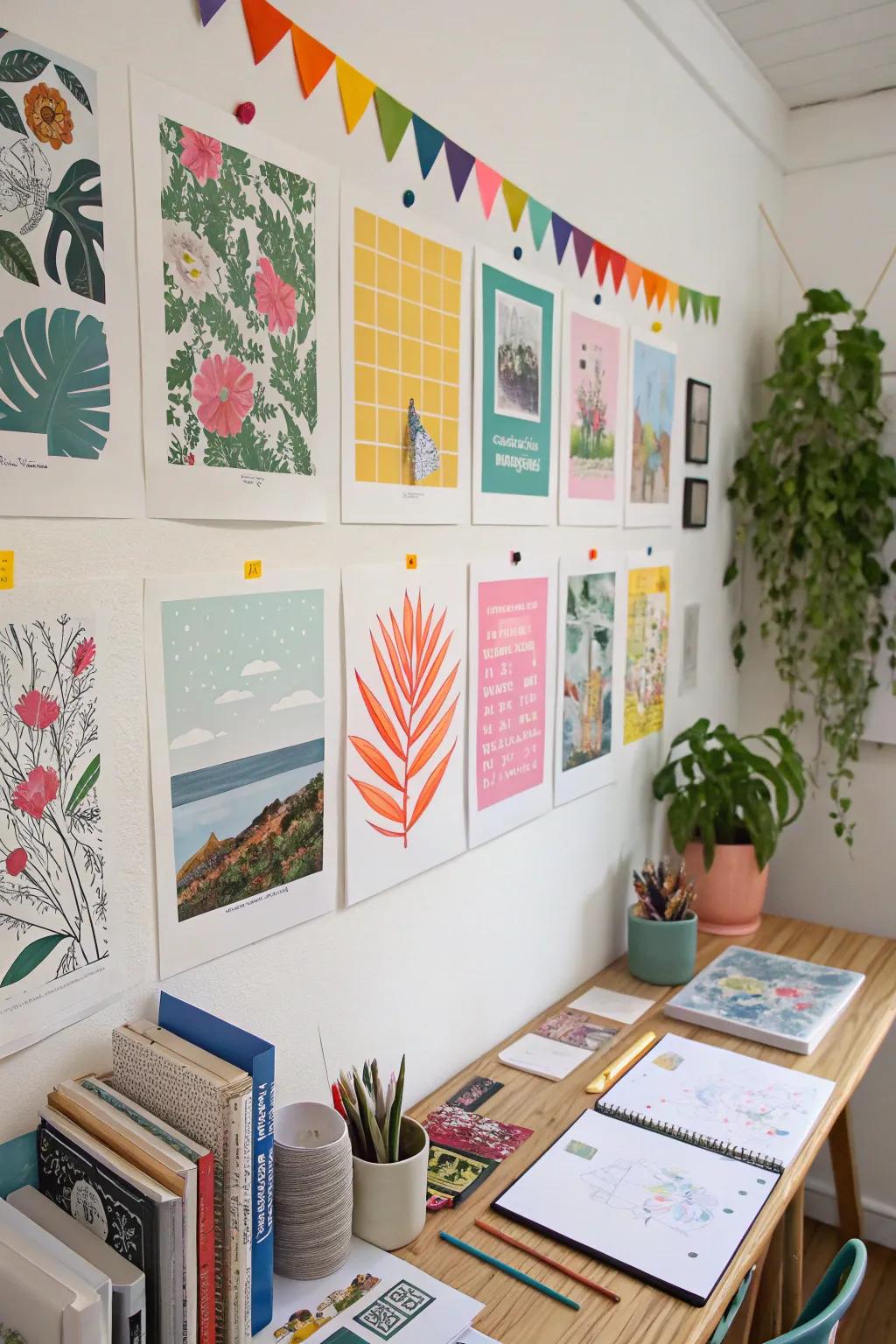 Art prints exhibited utilizing vibrant ornamental tape for a playful element.