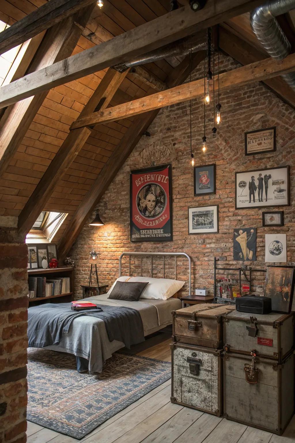 Exposed brick walls add texture and industrial flair to your attic space.