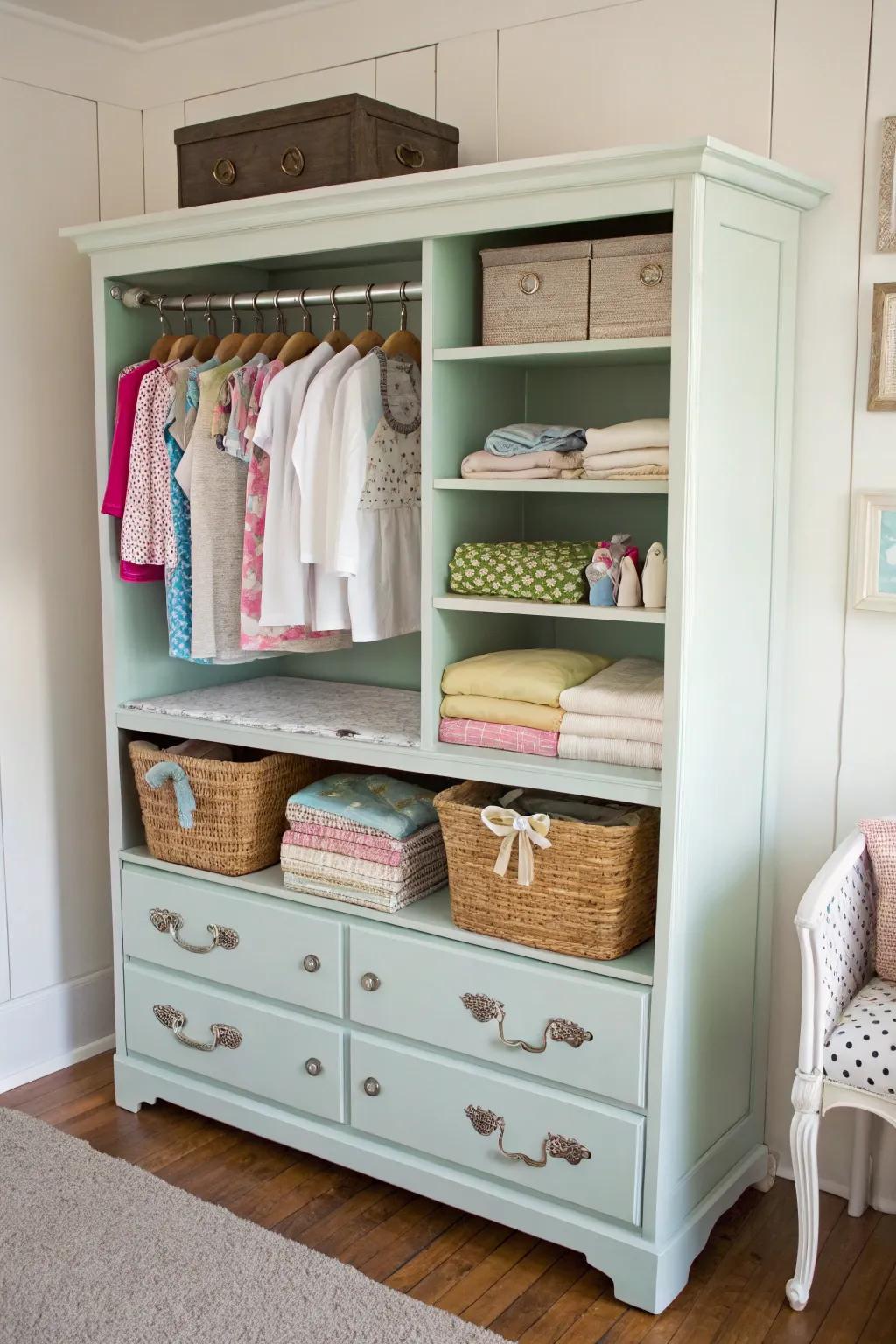 Repurposed furniture brings character and function to nursery storage.