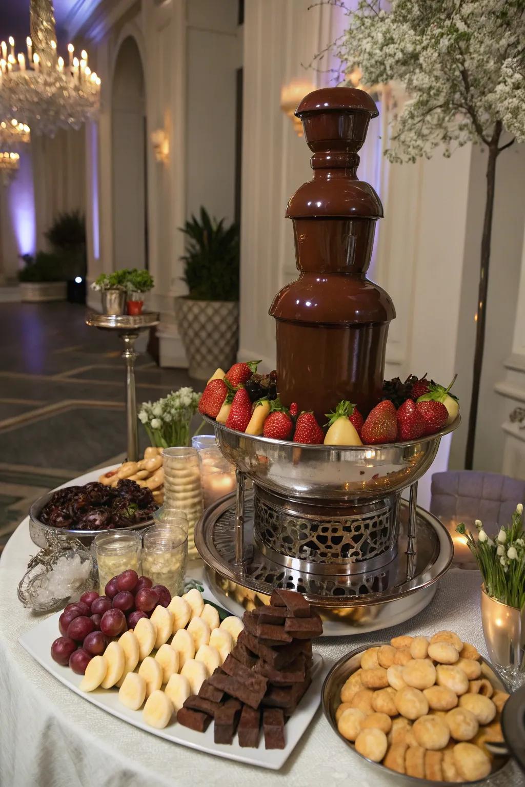 A sweet sauce fountain featuring an assortment of dippables.