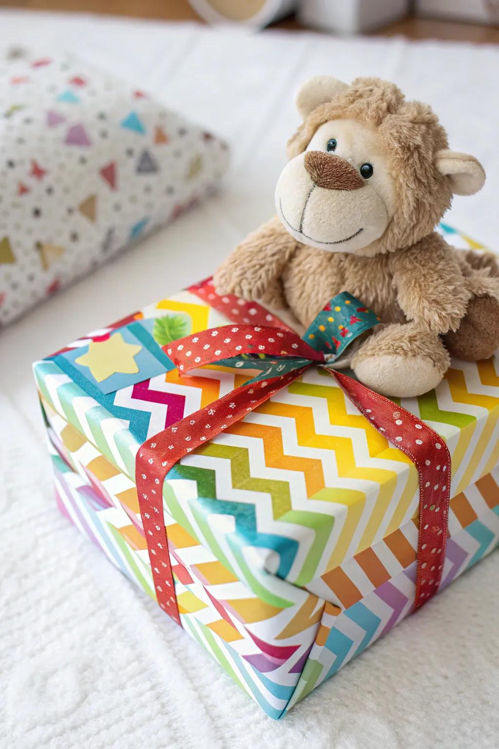 A playful stuffed plaything topping an enfolded gift, contributing charm and fun.