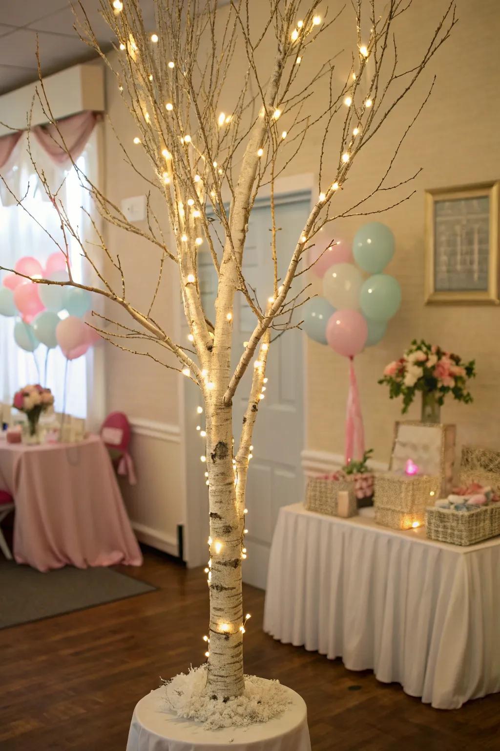 A illuminated birch exhibiting twinkling lights.