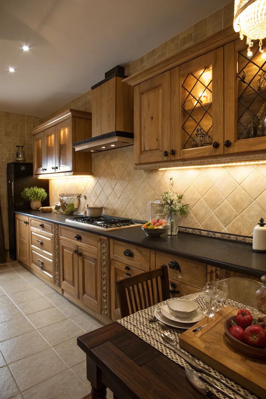 Sand boards offer a warm and inviting contrast to dark worktops.