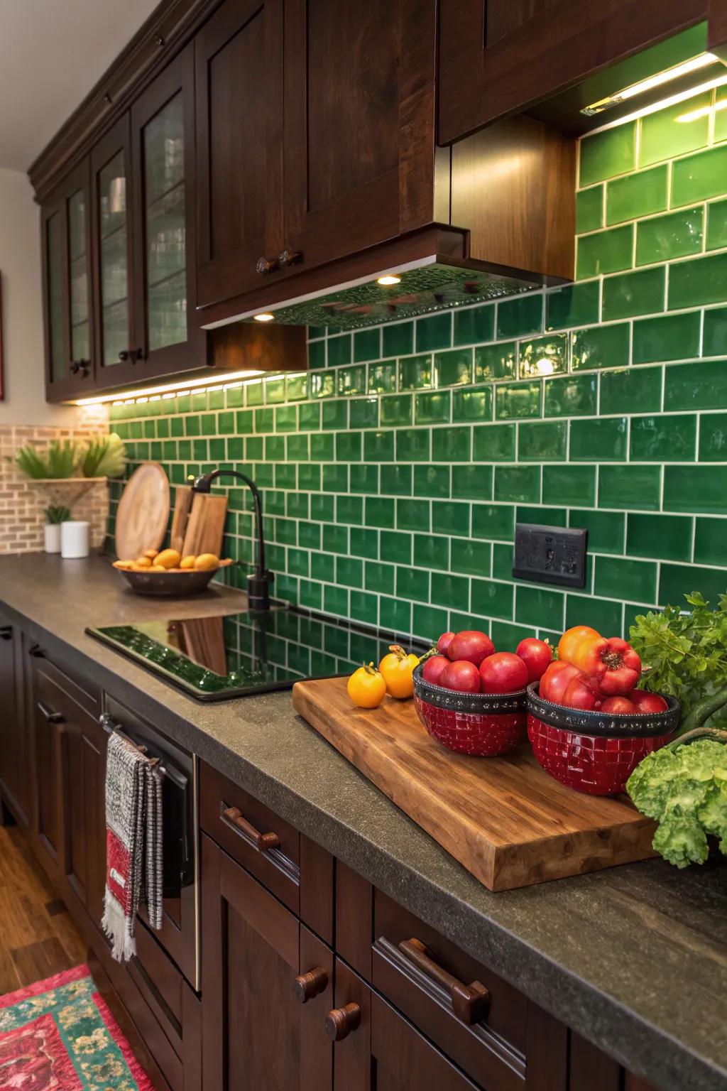Revitalize your cooking area through energetic green glass tiles.