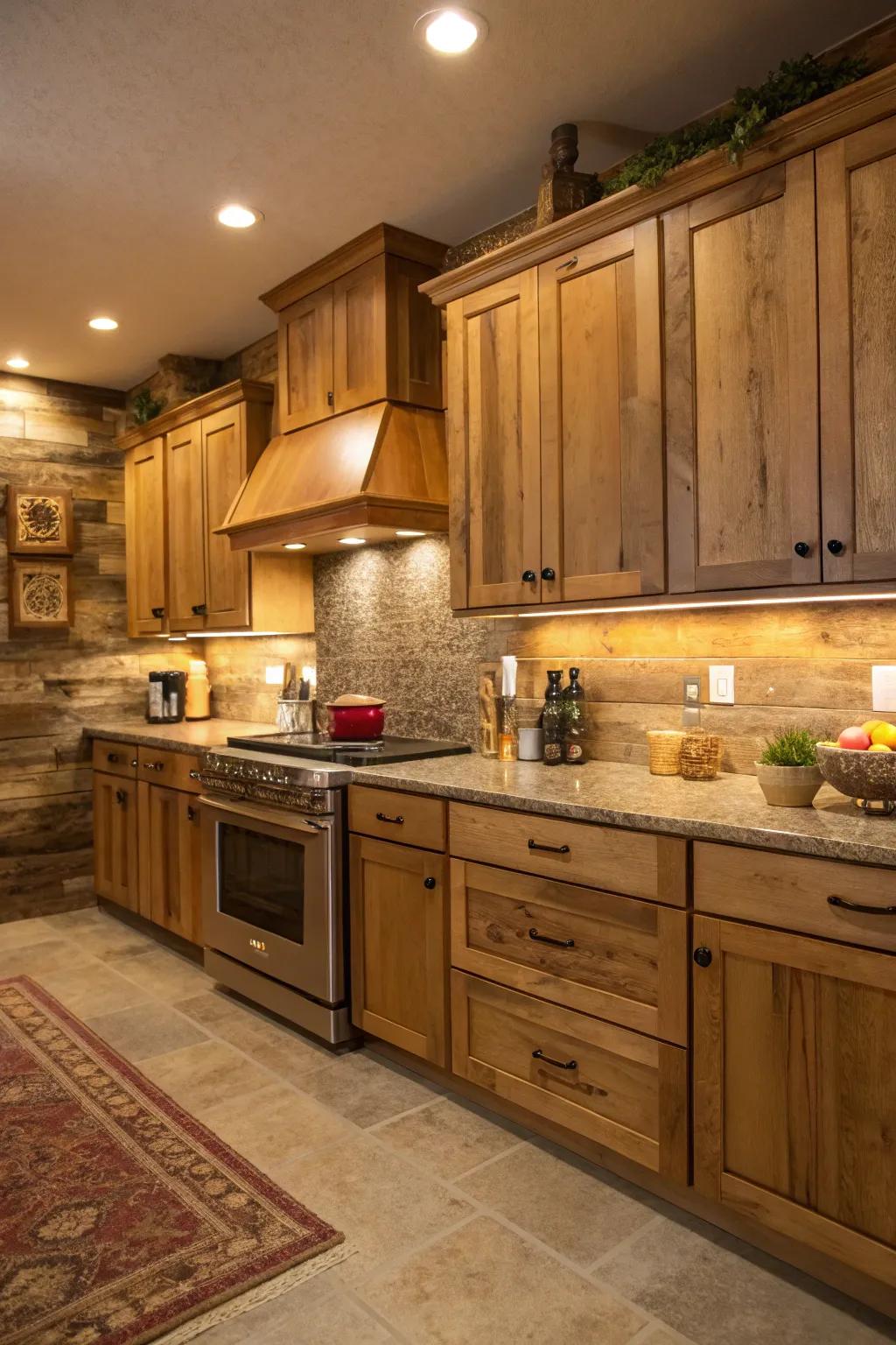 A rough wood backing brings cozy charm to maple cabinets.