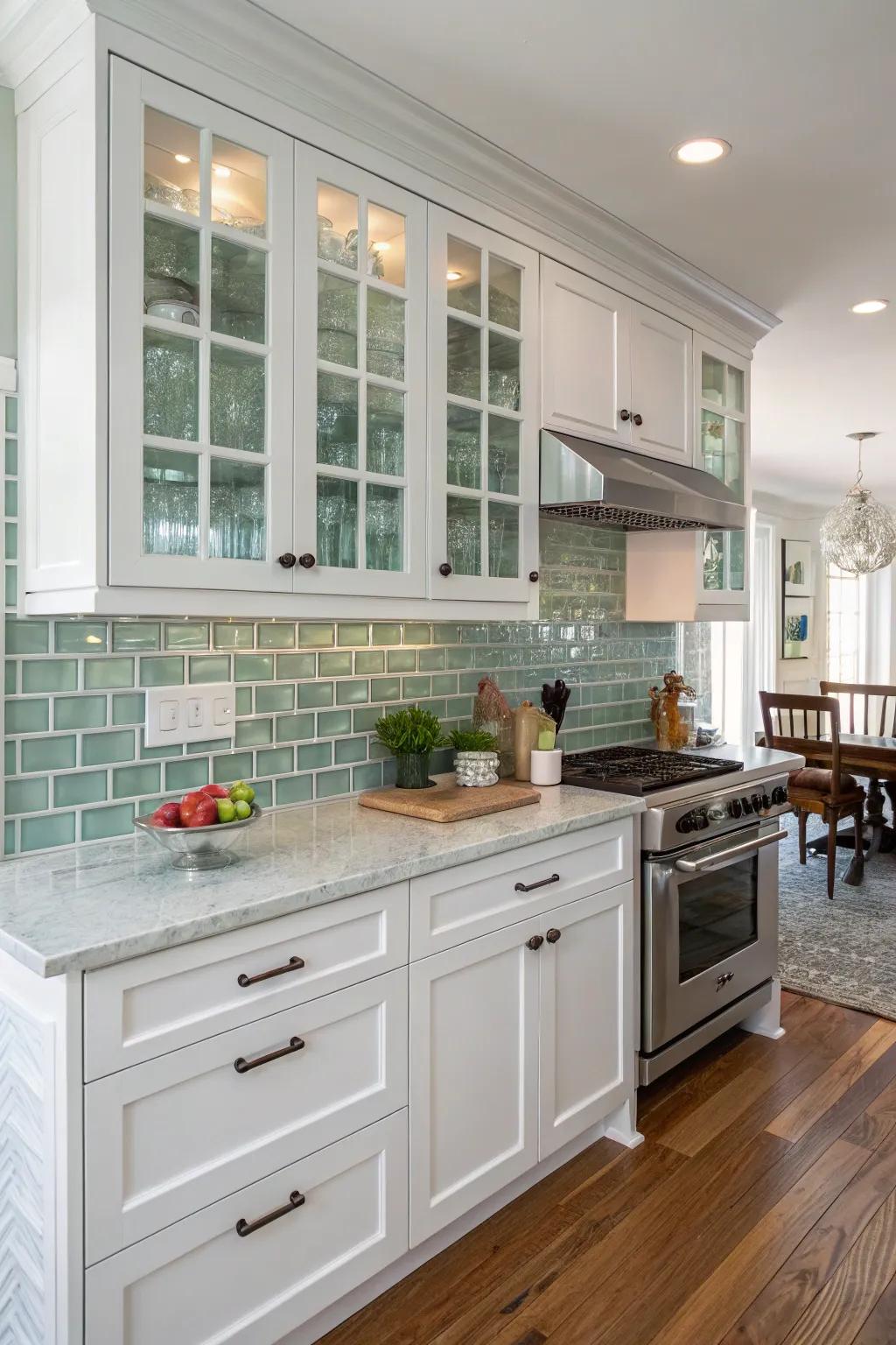 Glass tiles bring contemporary elegance to this white kitchen.