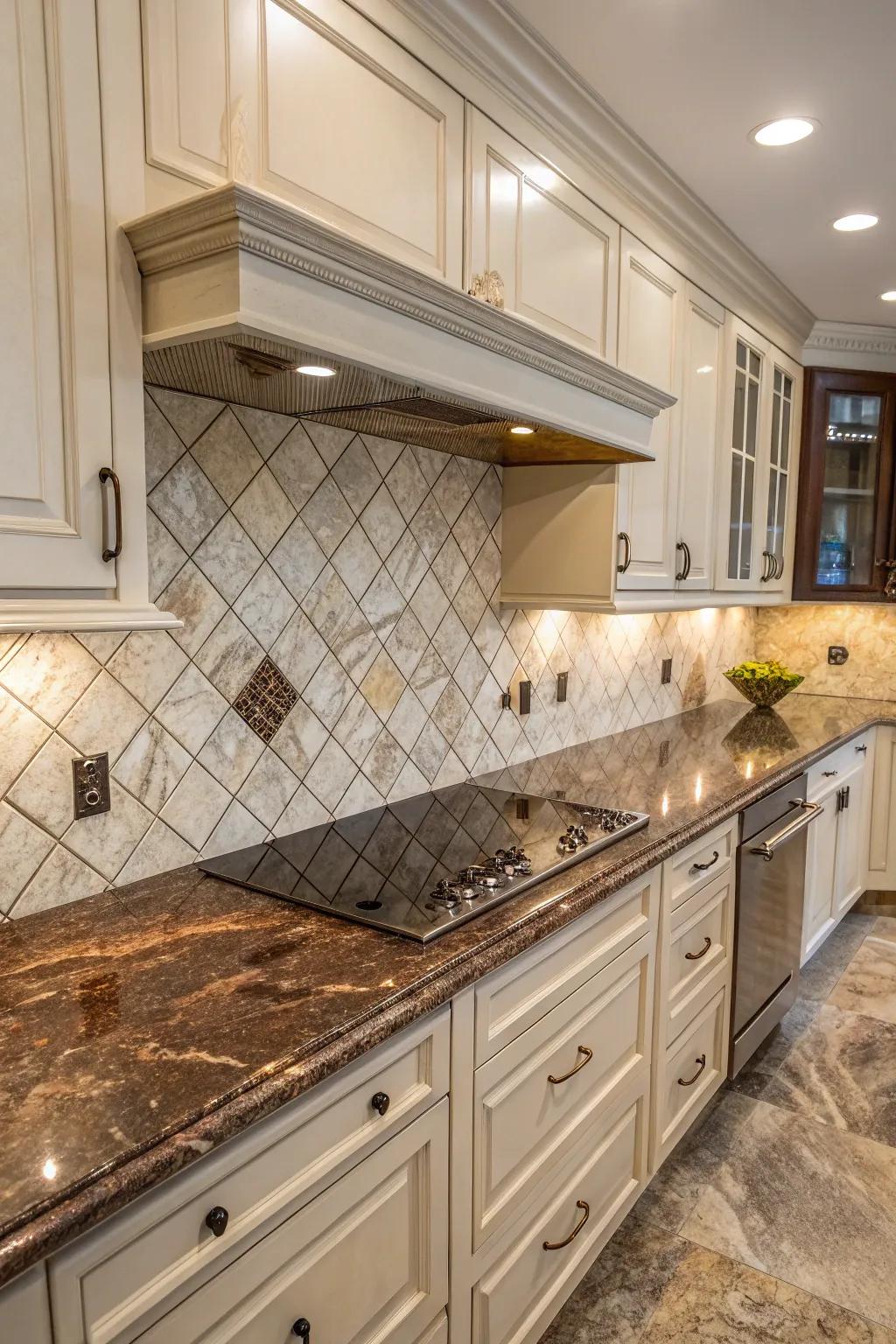 Marble-effect tiles complement the elegance of fantasy brown granite.