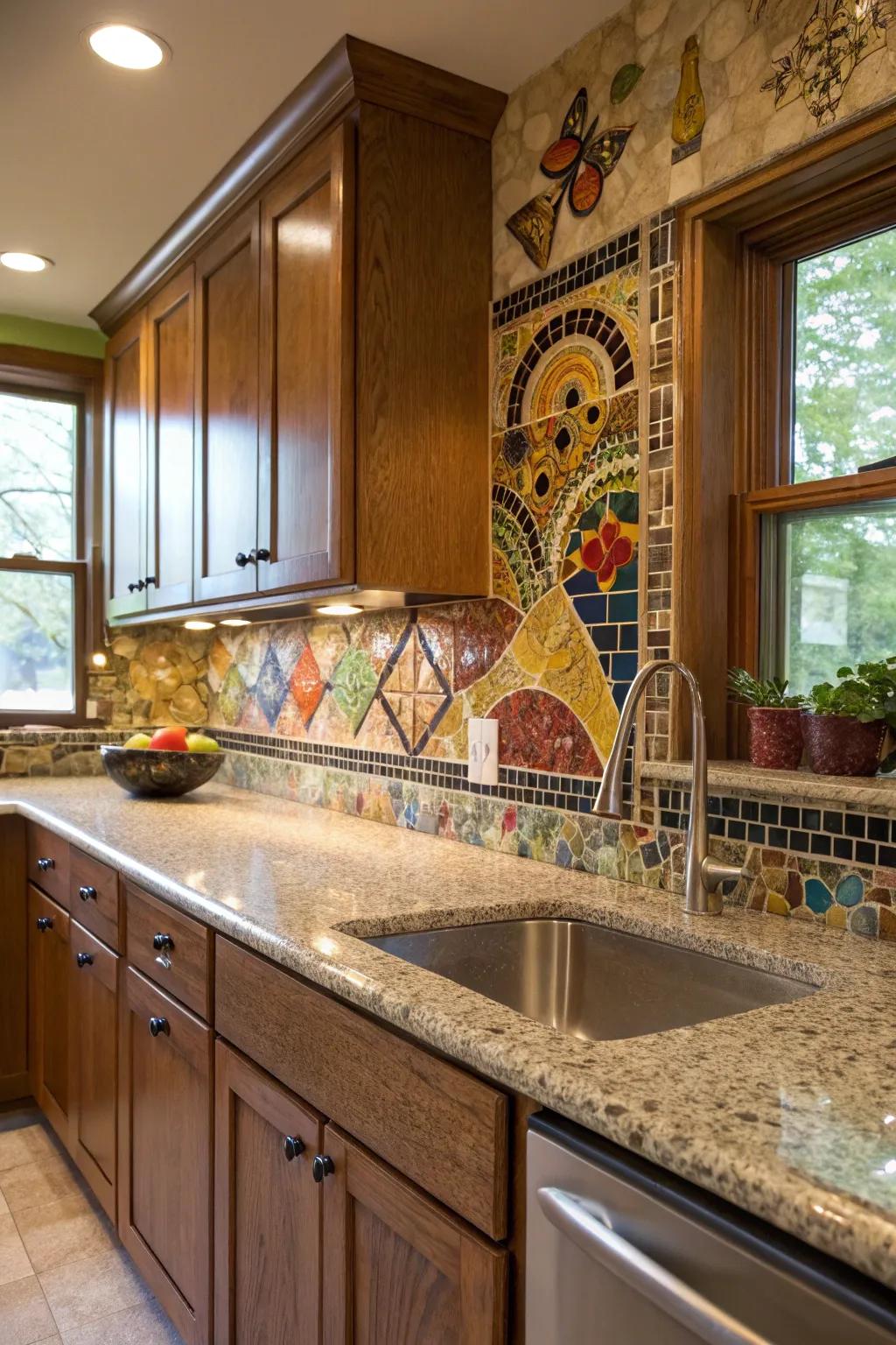 Granite countertops gain an eclectic flair from mosaic accents.