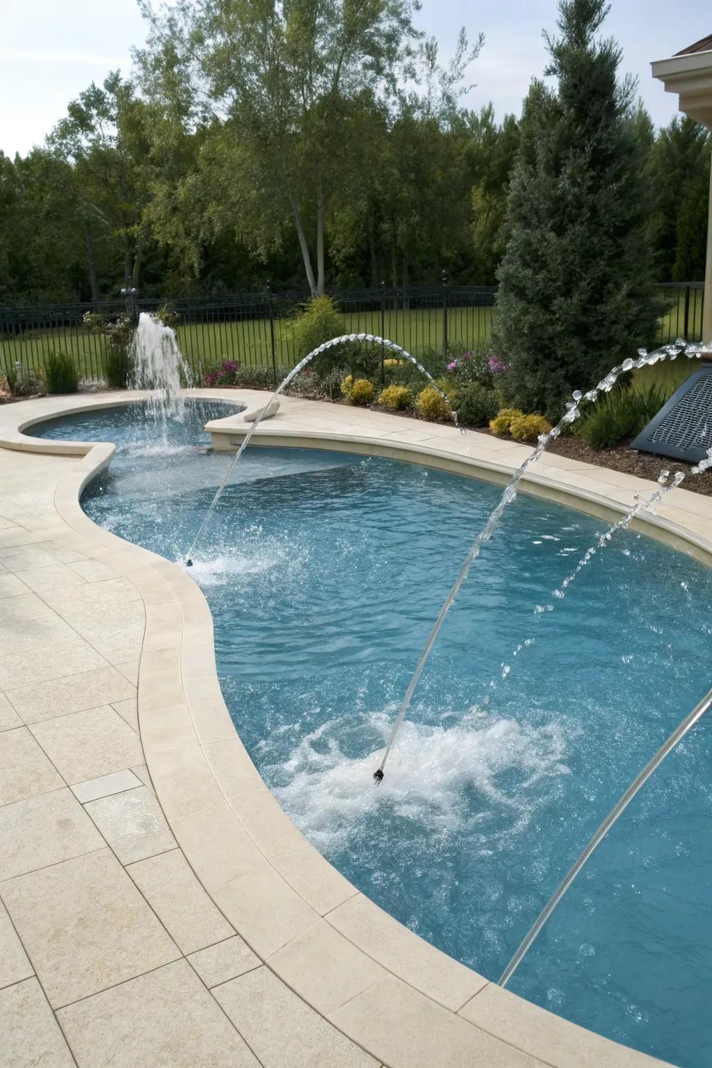 Deck fountains contribute vibrant sophistication to the pool area.