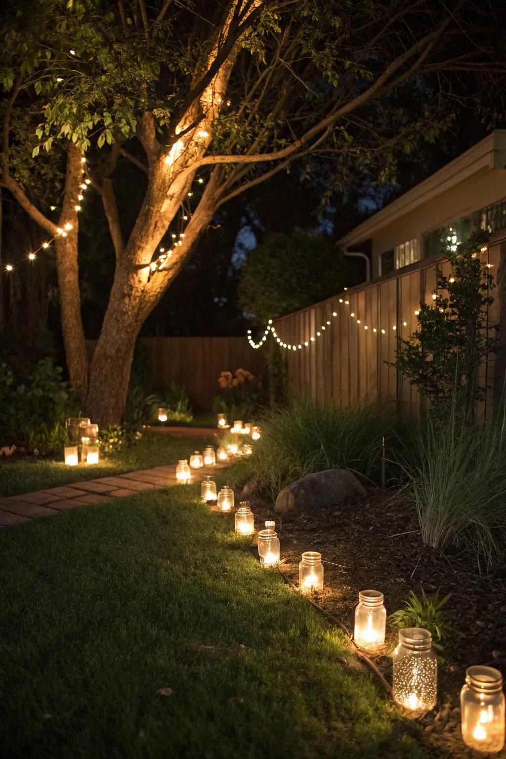 Mason jar lights contribute an enchanting and whimsical touch.