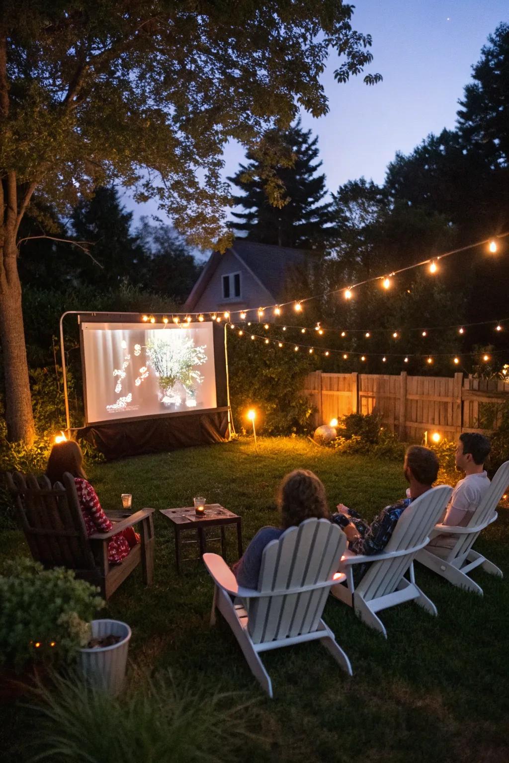 Adirondack chairs combine comfort and style for an outdoor cinema.