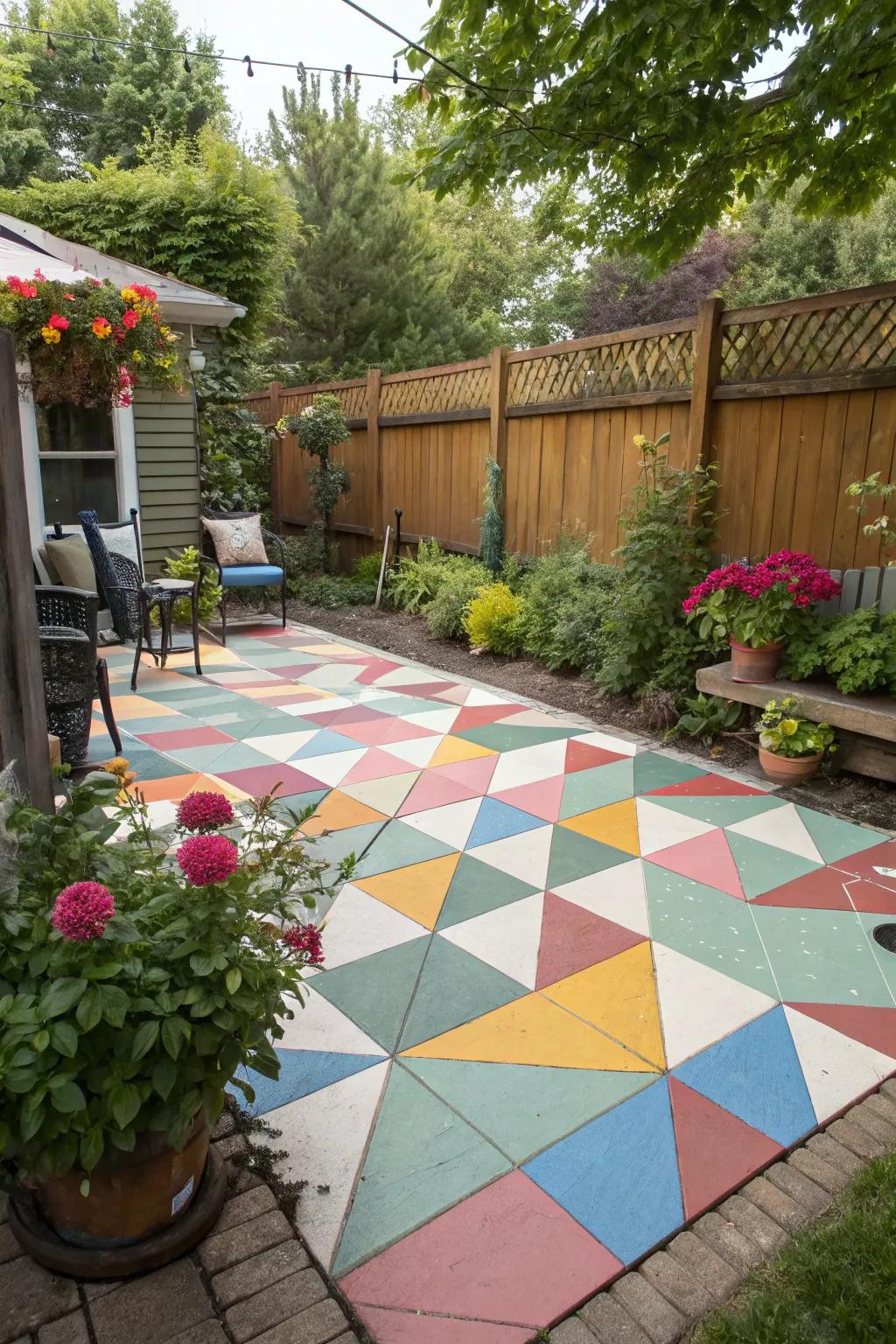 A painted patio floor in vibrant geometric patterns.