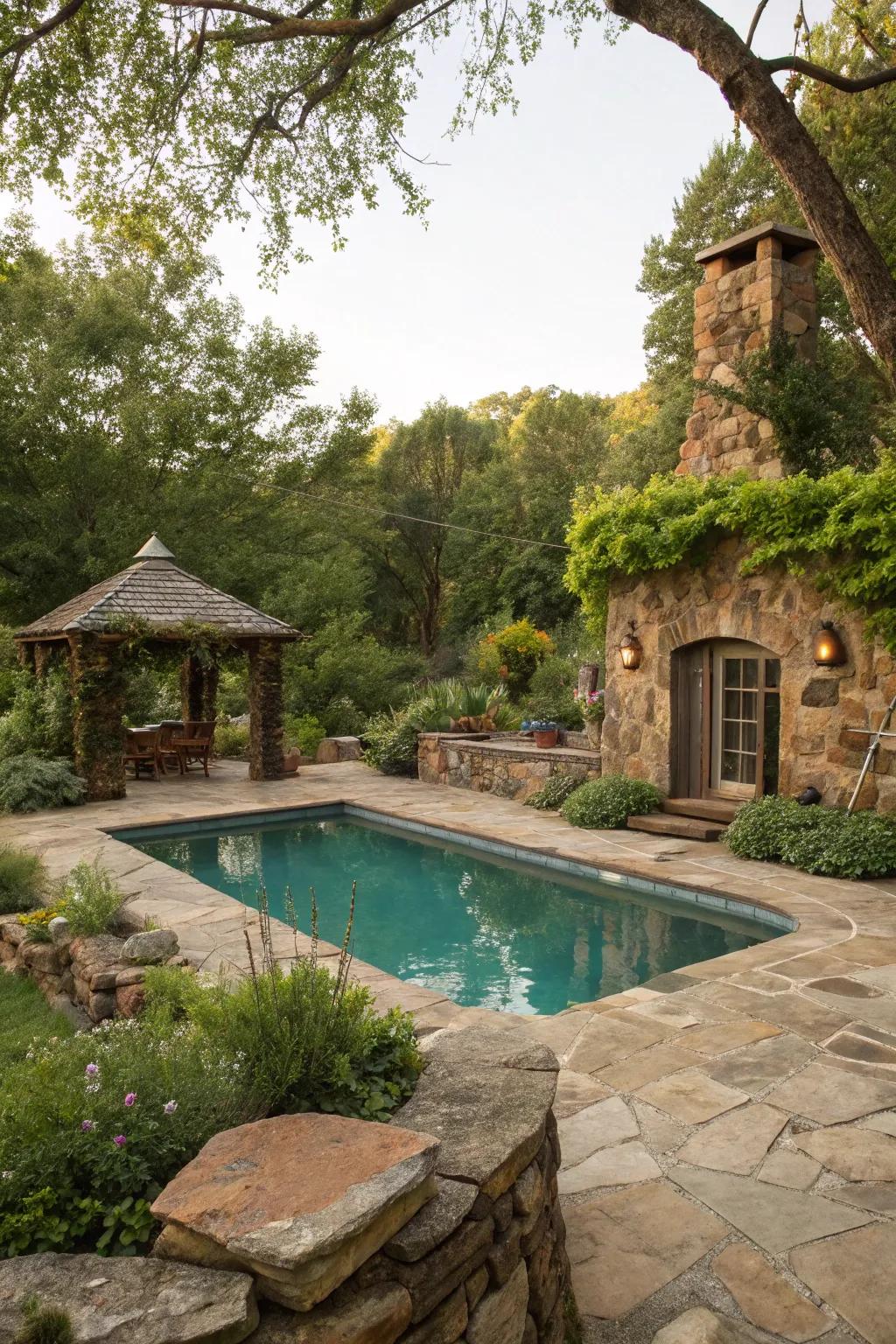 A pool design featuring earthy rock and earthy charm.