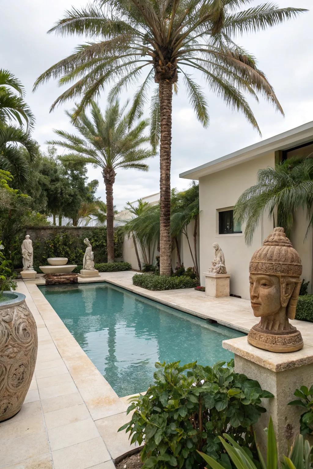 Statues append an unexpected and playful element to the tropical arrangement.