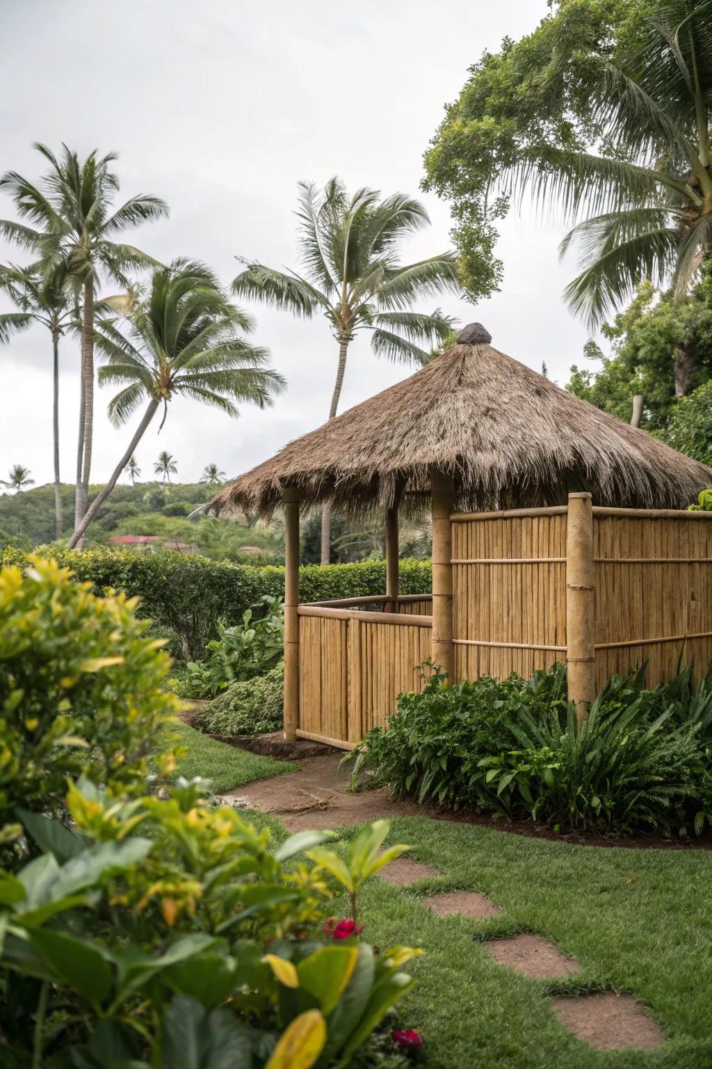 A bamboo partition provides privacy and contributes to the tropical ambiance.