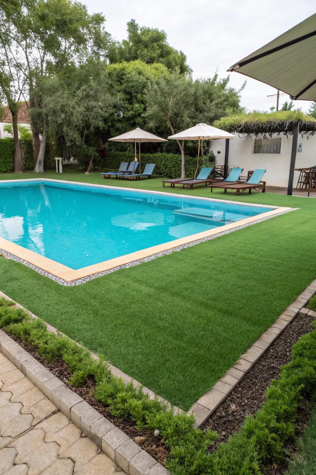 A pristine poolside highlighted by rich, non-slip turf.