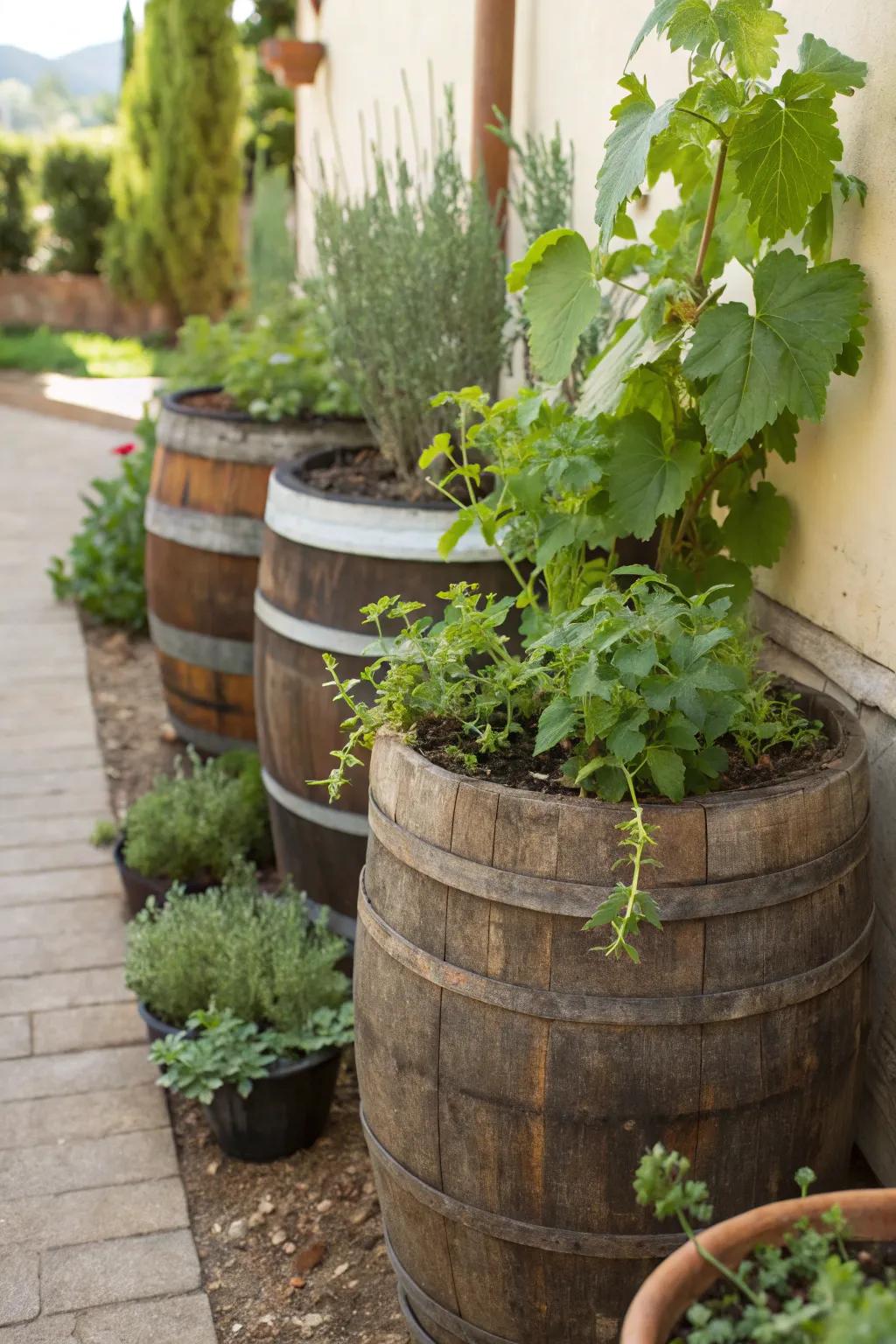 Repurposed containers make charming vineyard additions.