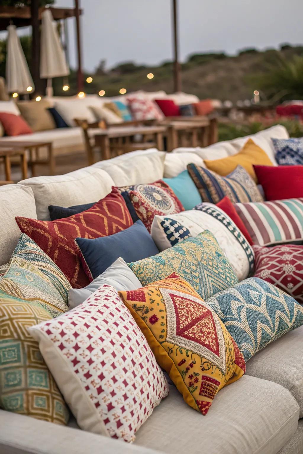 A couch overwhelmed by an excessive number of decorative throw pillows.