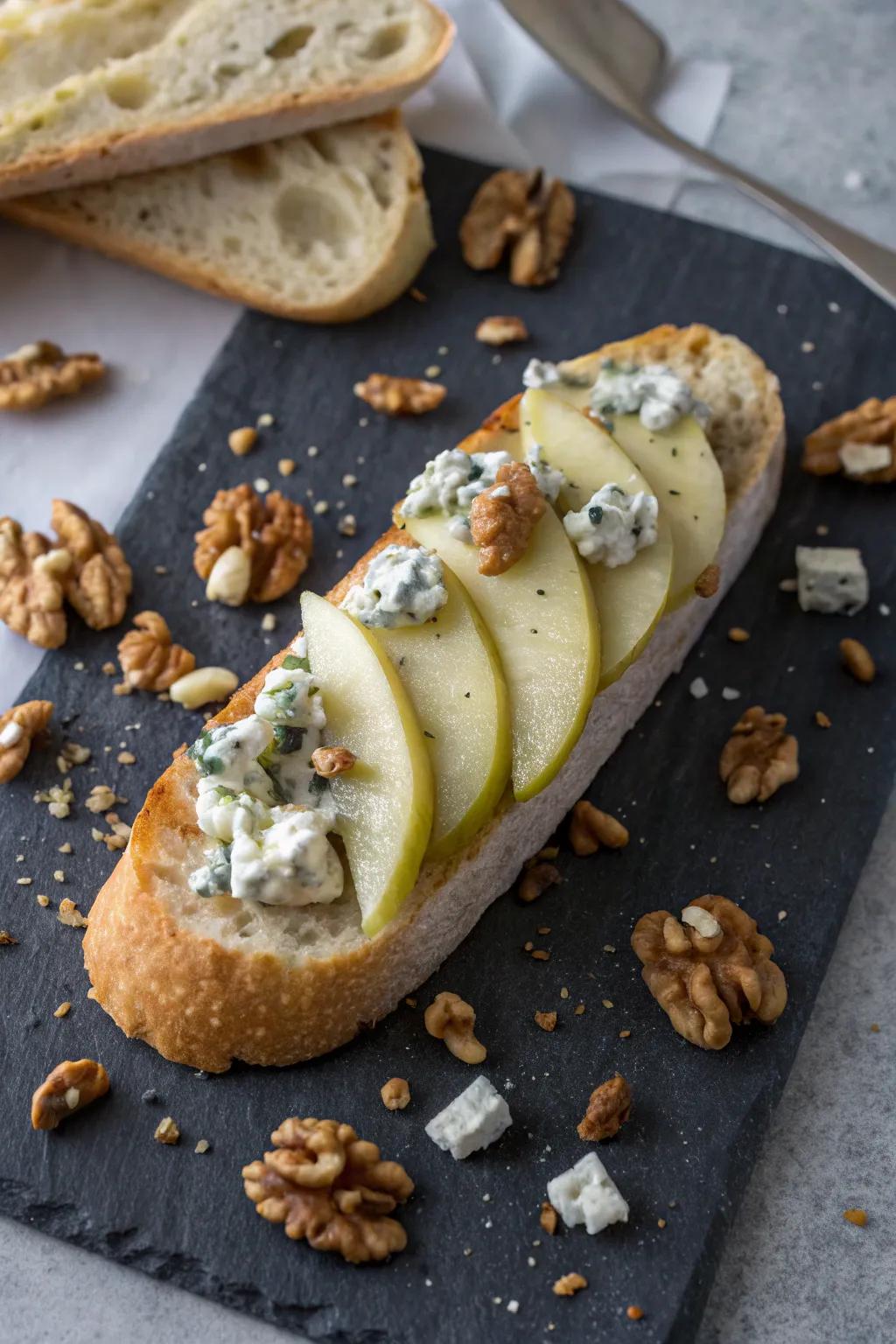 A sophisticated pairing of sharp cheese and pear on a baguette.