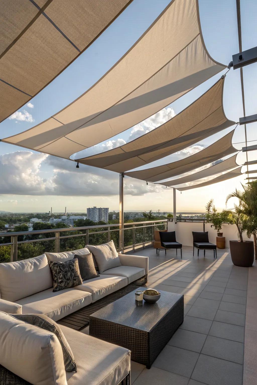 Shade sails offer stylish, flowing defense.