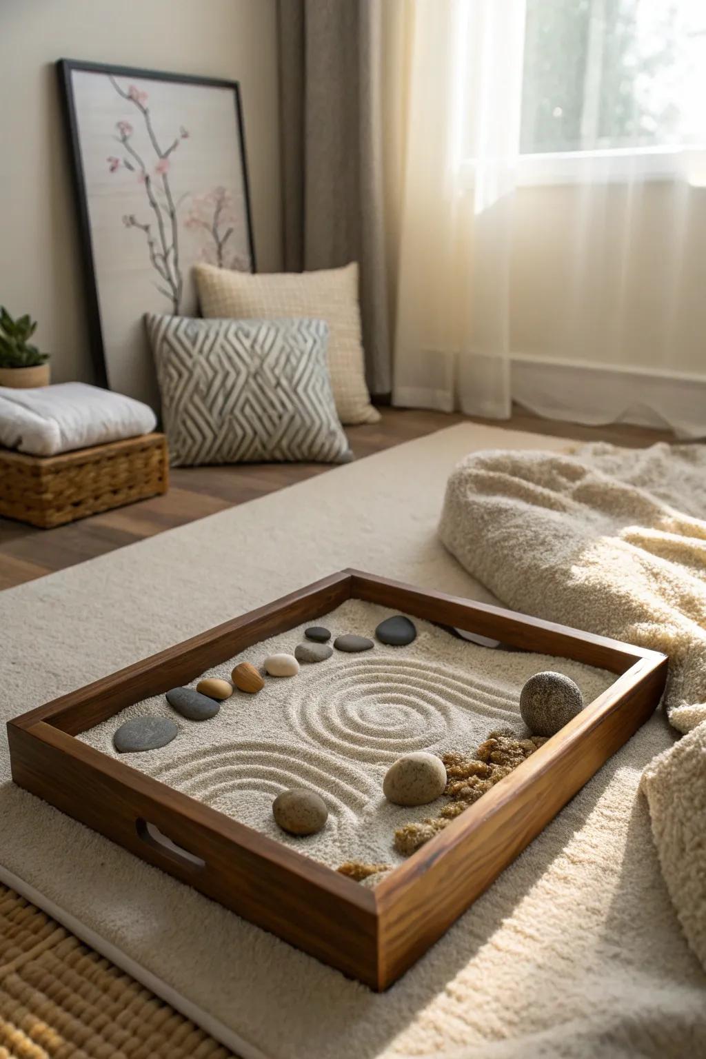 A Zen rock garden spot presents a serene escape.