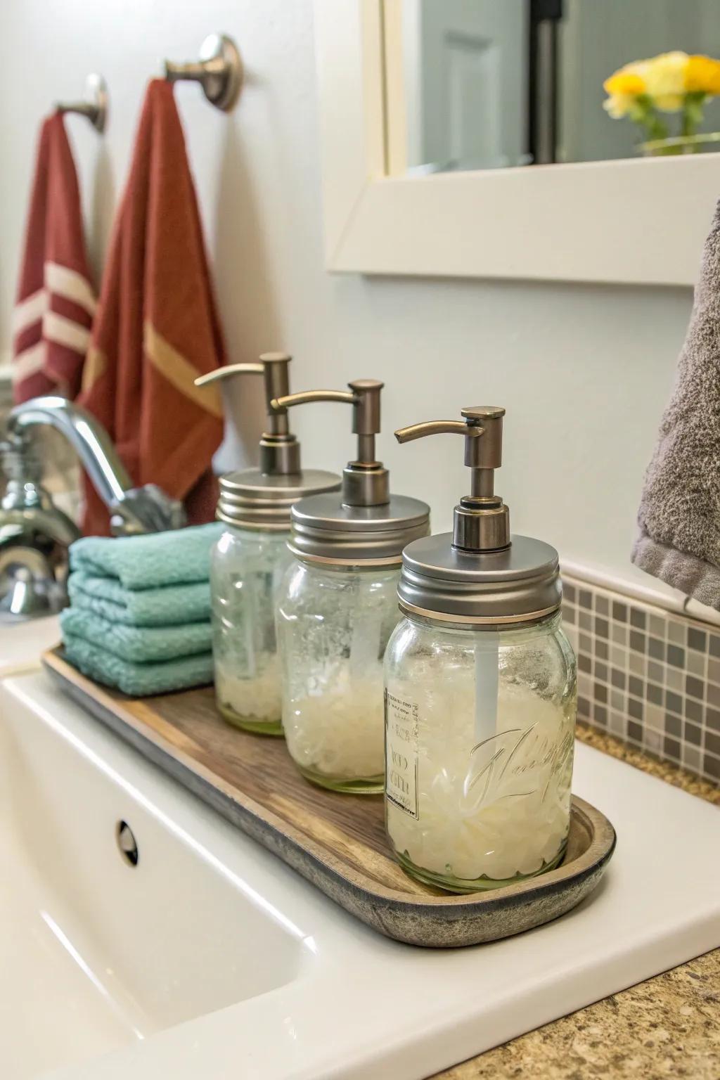 DIY soap dispensers crafted from ball jars offer a stylish touch.