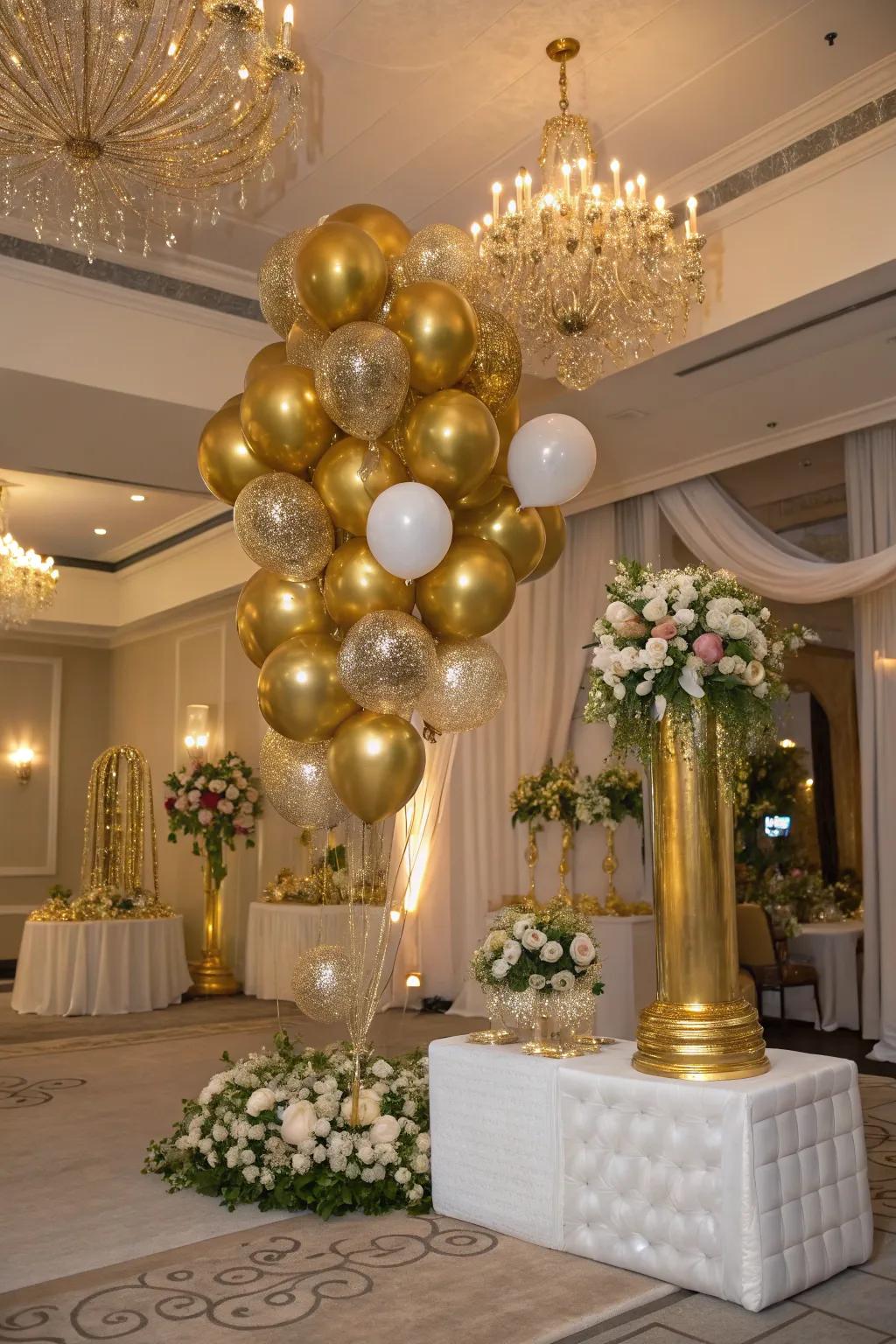 A gold-themed balloon arrangement that introduces luxury to noteworthy events.