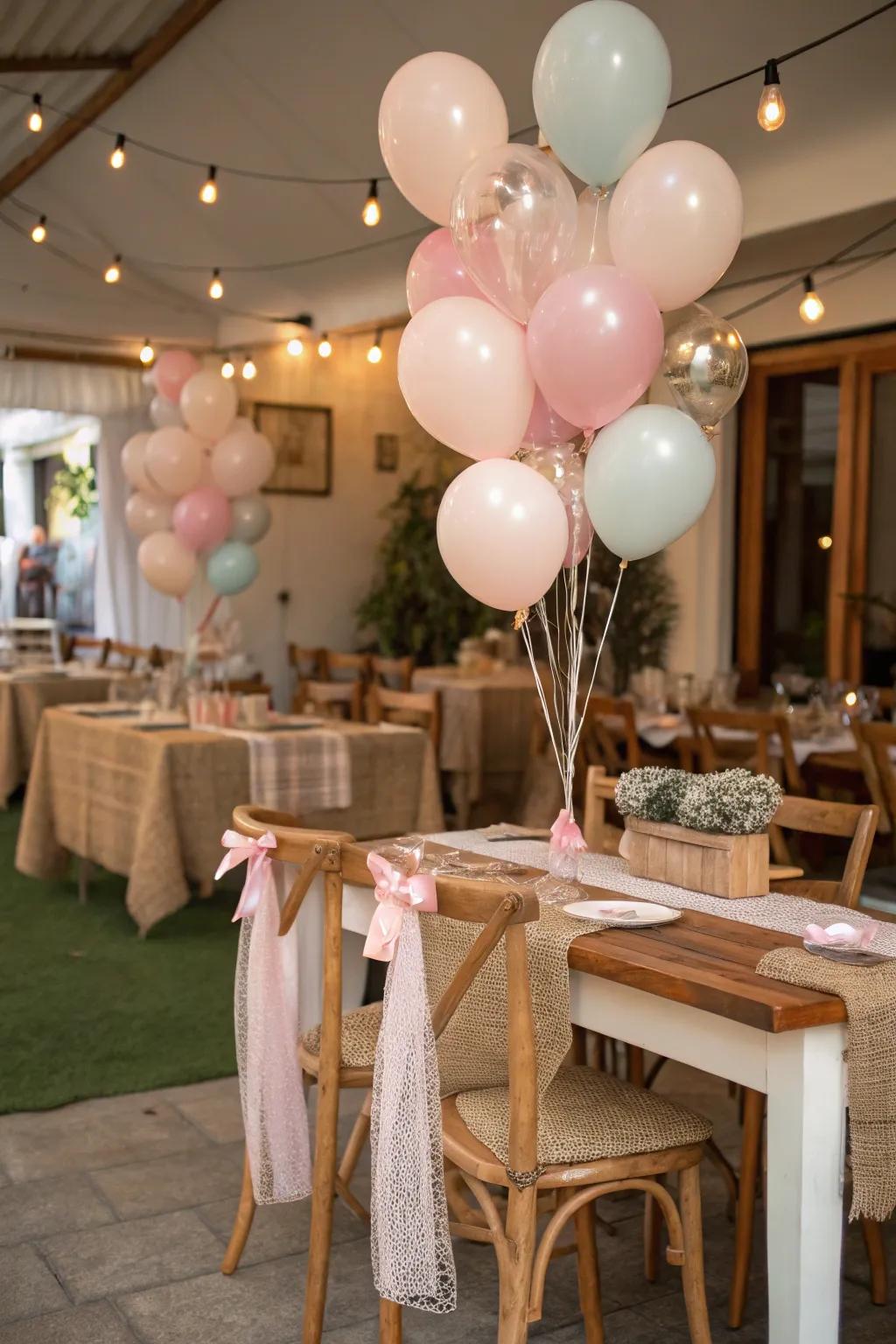 Down-to-earth balloons combined with natural elements create a warm atmosphere.