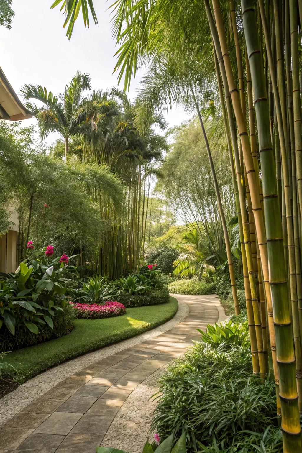 A garden turned tropical escape with lush reeds.