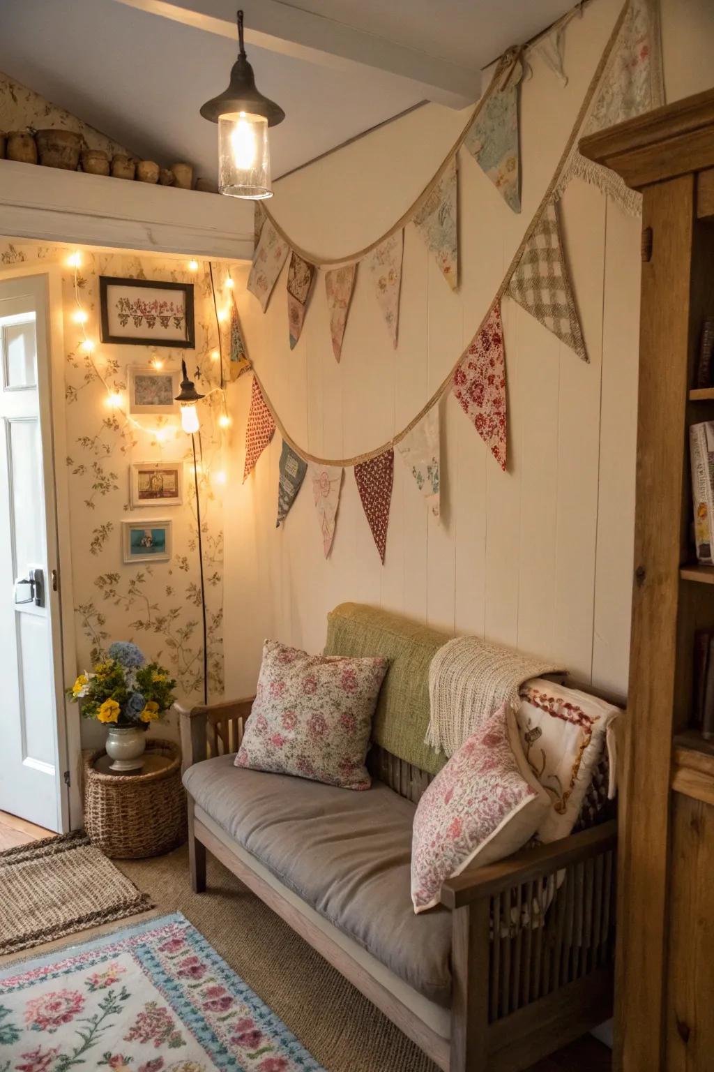 Vintage fabric banners ooze country charm and warmth.