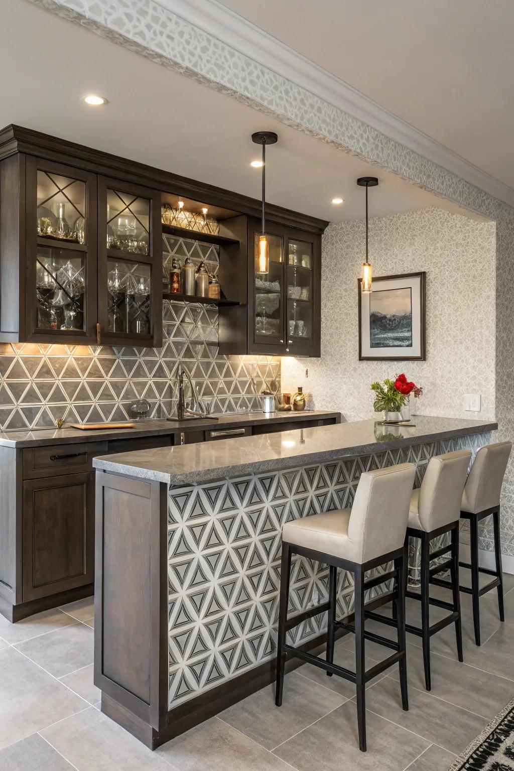 A home bar with a symmetrical arrangement tile backsplash in a modern style.