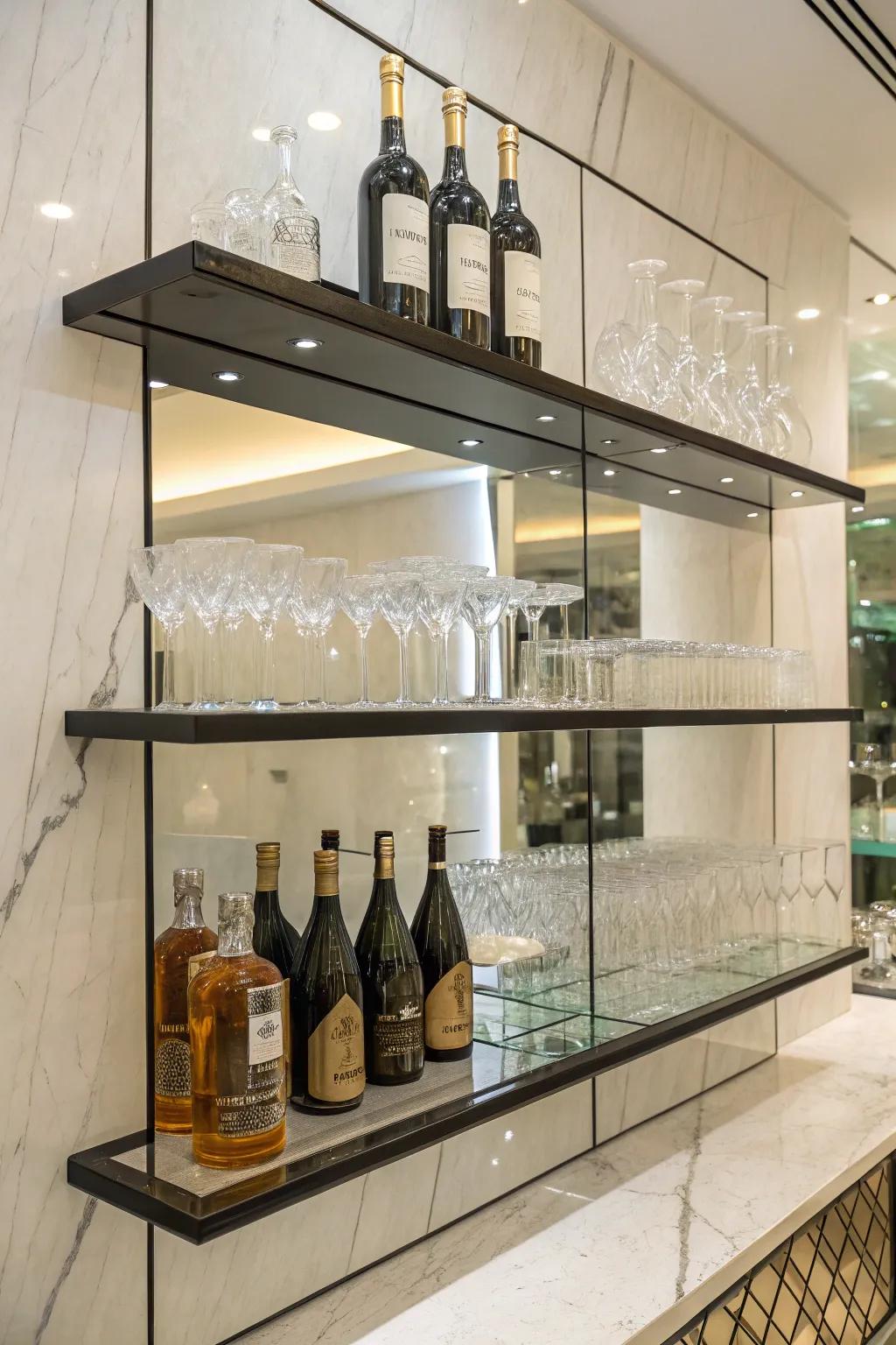 Floating shelves with mirrors offer a seamless, airy bar setup.