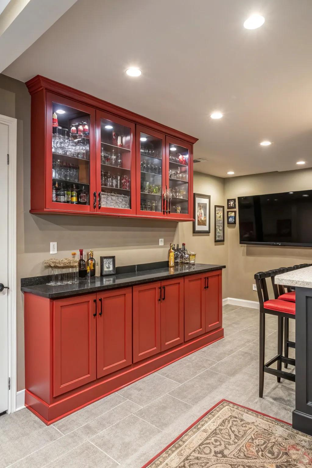 Bold cabinetry brings a burst of color and personality to your bar.