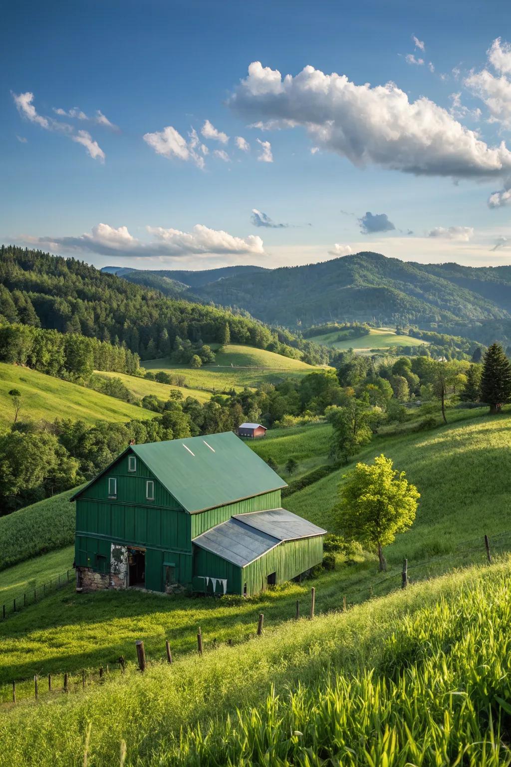 A peaceful verdant barn that harmonizes with its natural environment.