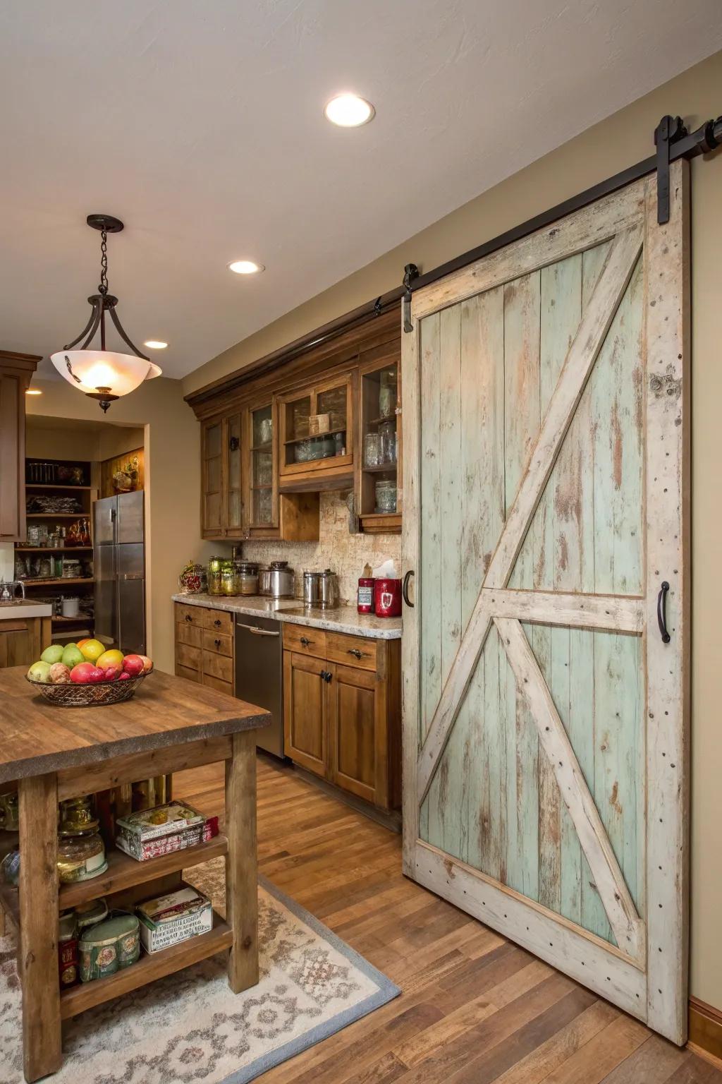 A kitchen showcasing a sliding barn door pantry that features distressed lacquer.