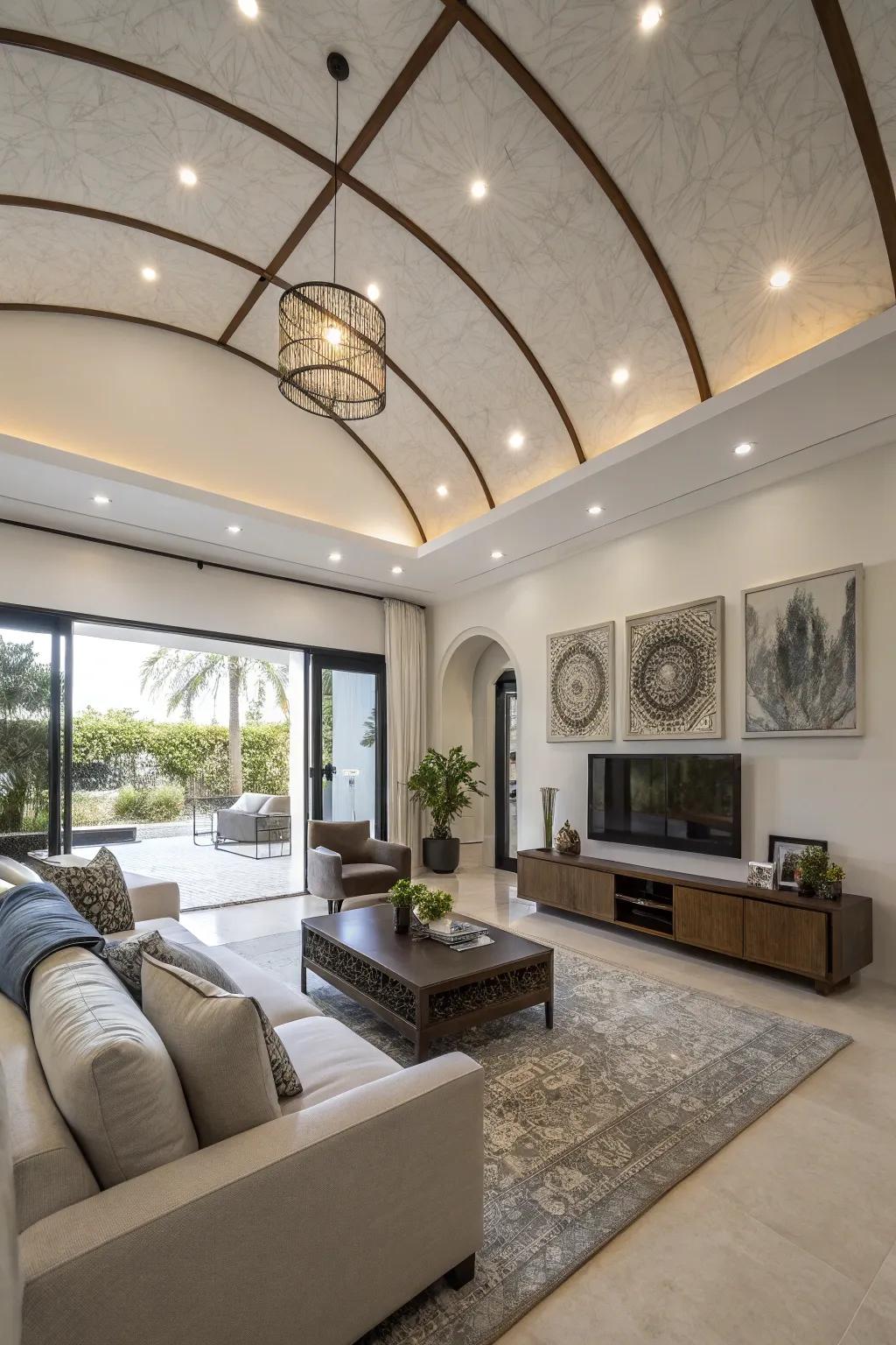A modern living area featuring sunken lighting in the vaulted ceiling.