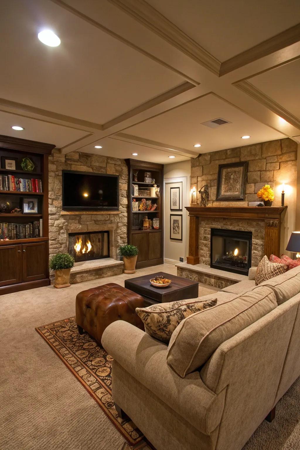 A fire feature lends warmth and acts as a stunning central point in this basement.