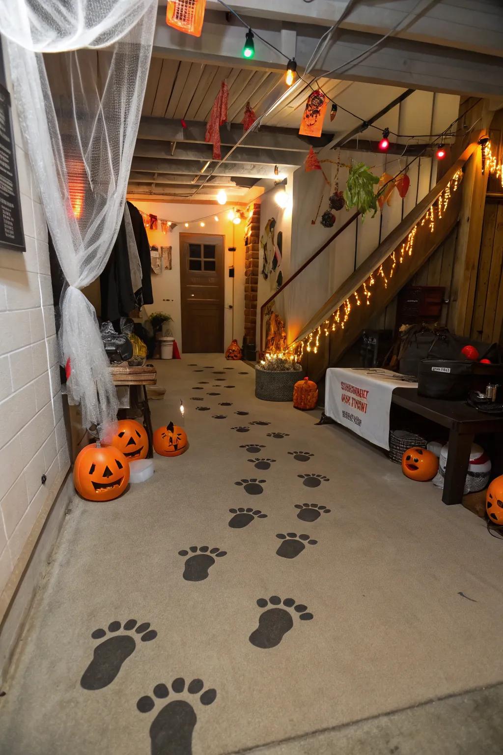Prints on the floor set the stage for a spooky adventure.