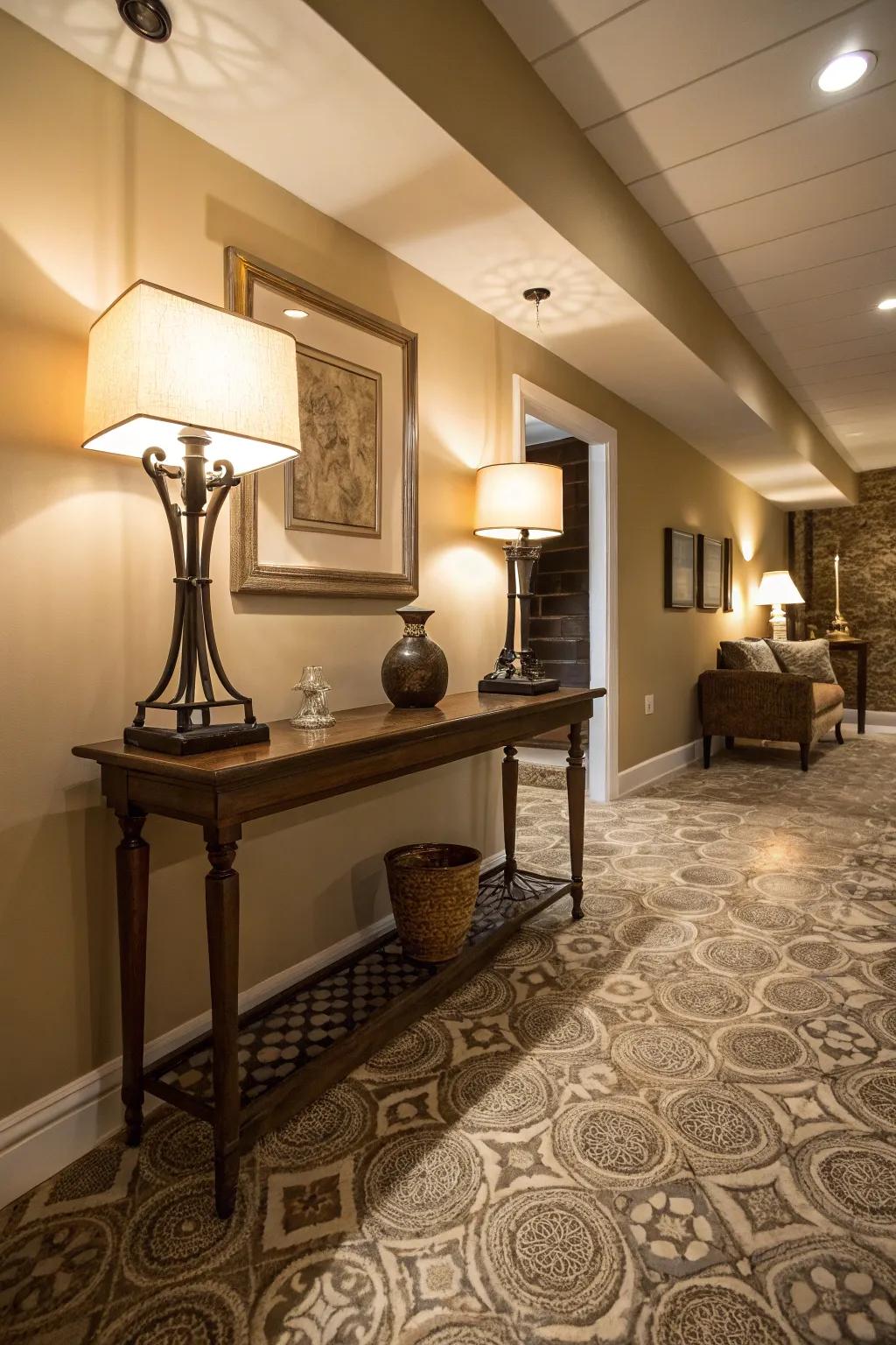 Upright and tabletop lights incorporate warmth and flair to your basement.