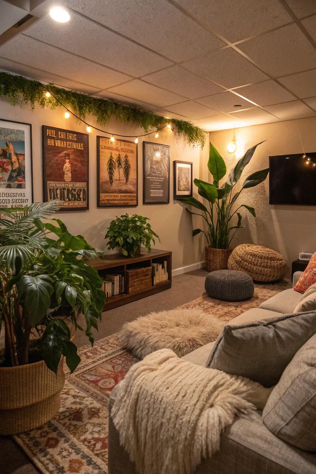Indoor greenery appends a stimulating touch to your media room's ambiance.