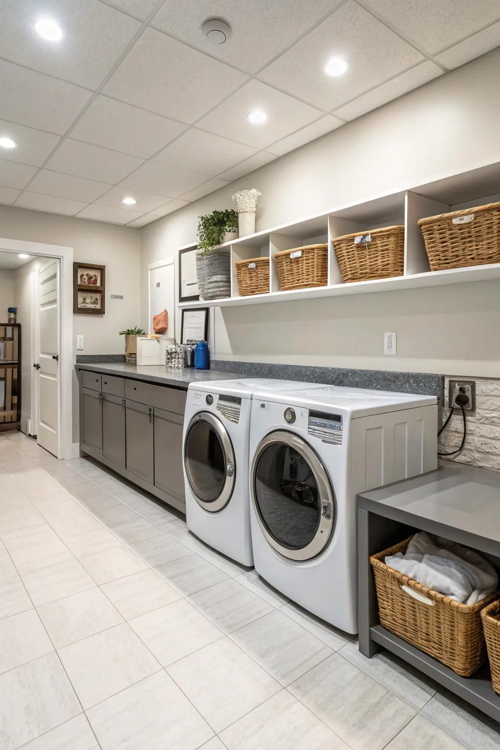 A functional basement laundry room with modern appliances and ample storage.